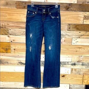 Vanity size 26x33 Dark Wash Slight Stretch Bootcut Jeans with Distress Detailing
